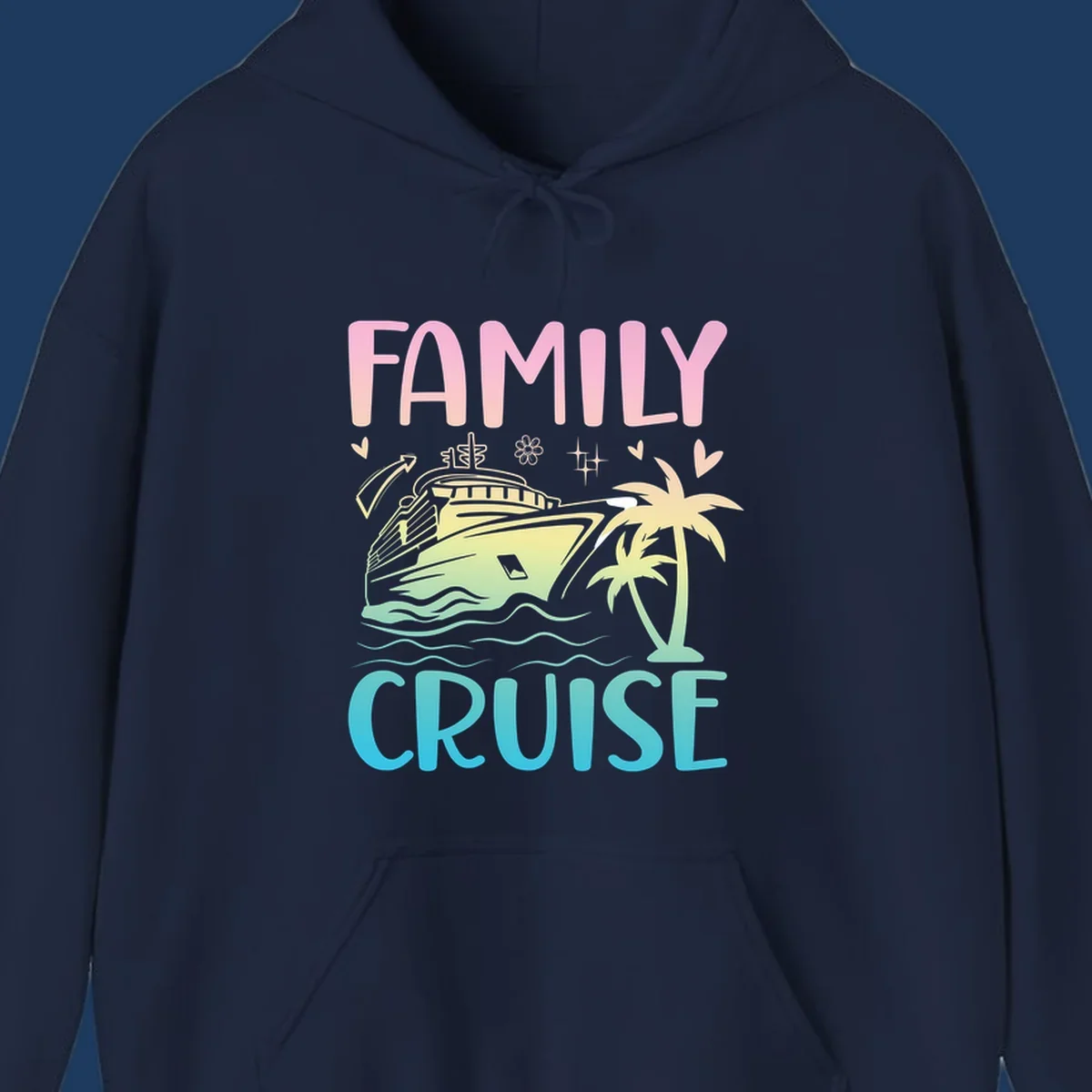 Family cruise vacation design with pink text, illustrated cruise ship, palm trees, ocean waves, and tropical decorative elements on gradient background.