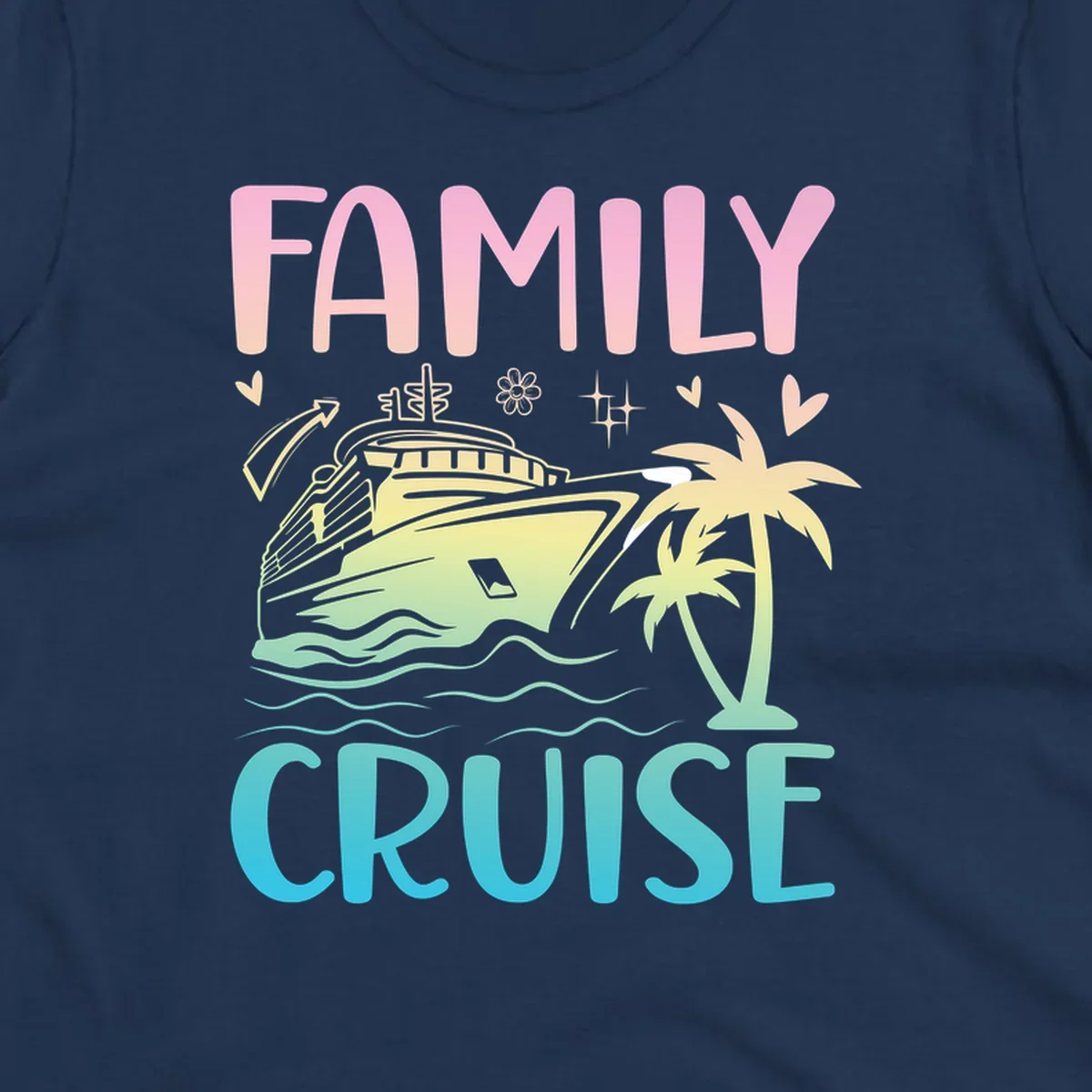 Family cruise vacation design with pink text, illustrated cruise ship, palm trees, ocean waves, and tropical decorative elements on gradient background.