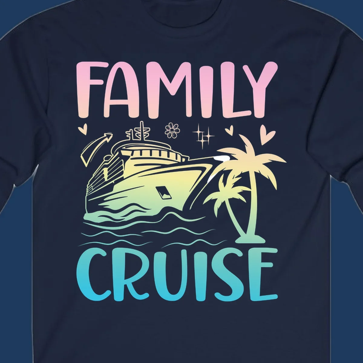 Family cruise vacation design with pink text, illustrated cruise ship, palm trees, ocean waves, and tropical decorative elements on gradient background.