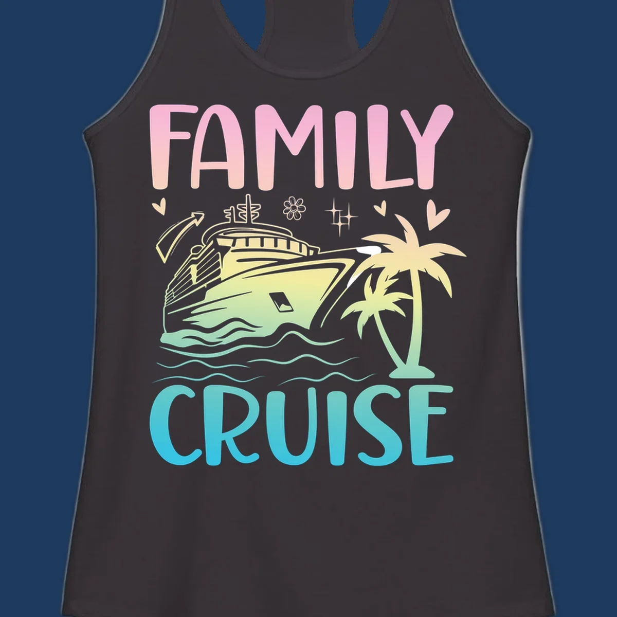 Family cruise vacation design with pink text, illustrated cruise ship, palm trees, ocean waves, and tropical decorative elements on gradient background.