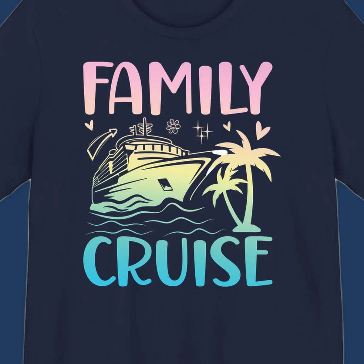 Family cruise vacation design with pink text, illustrated cruise ship, palm trees, ocean waves, and tropical decorative elements on gradient background.