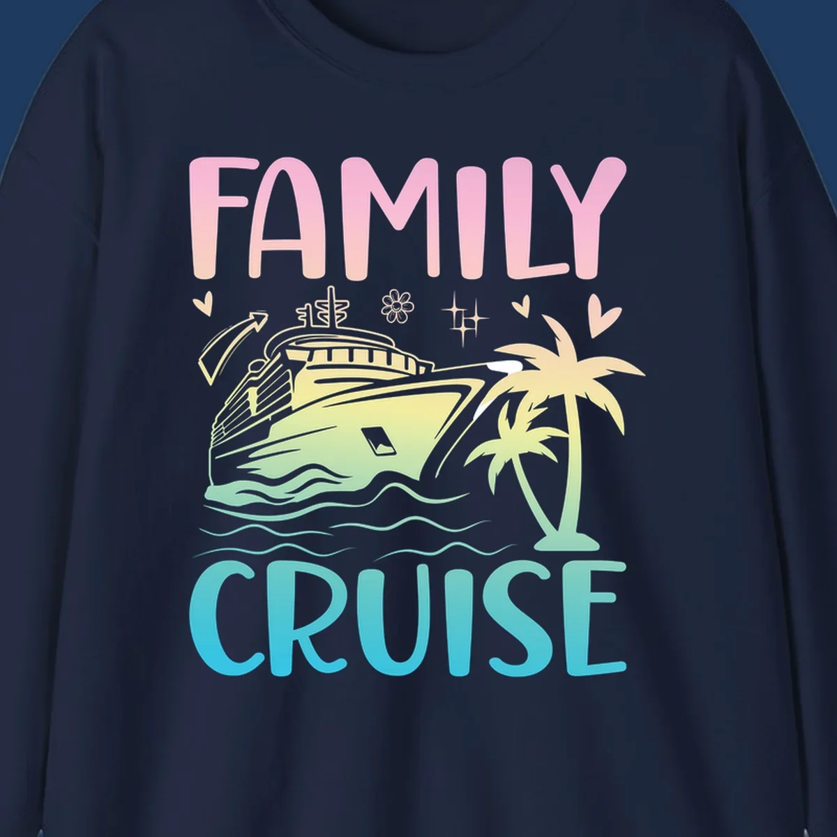 Family cruise vacation design with pink text, illustrated cruise ship, palm trees, ocean waves, and tropical decorative elements on gradient background.