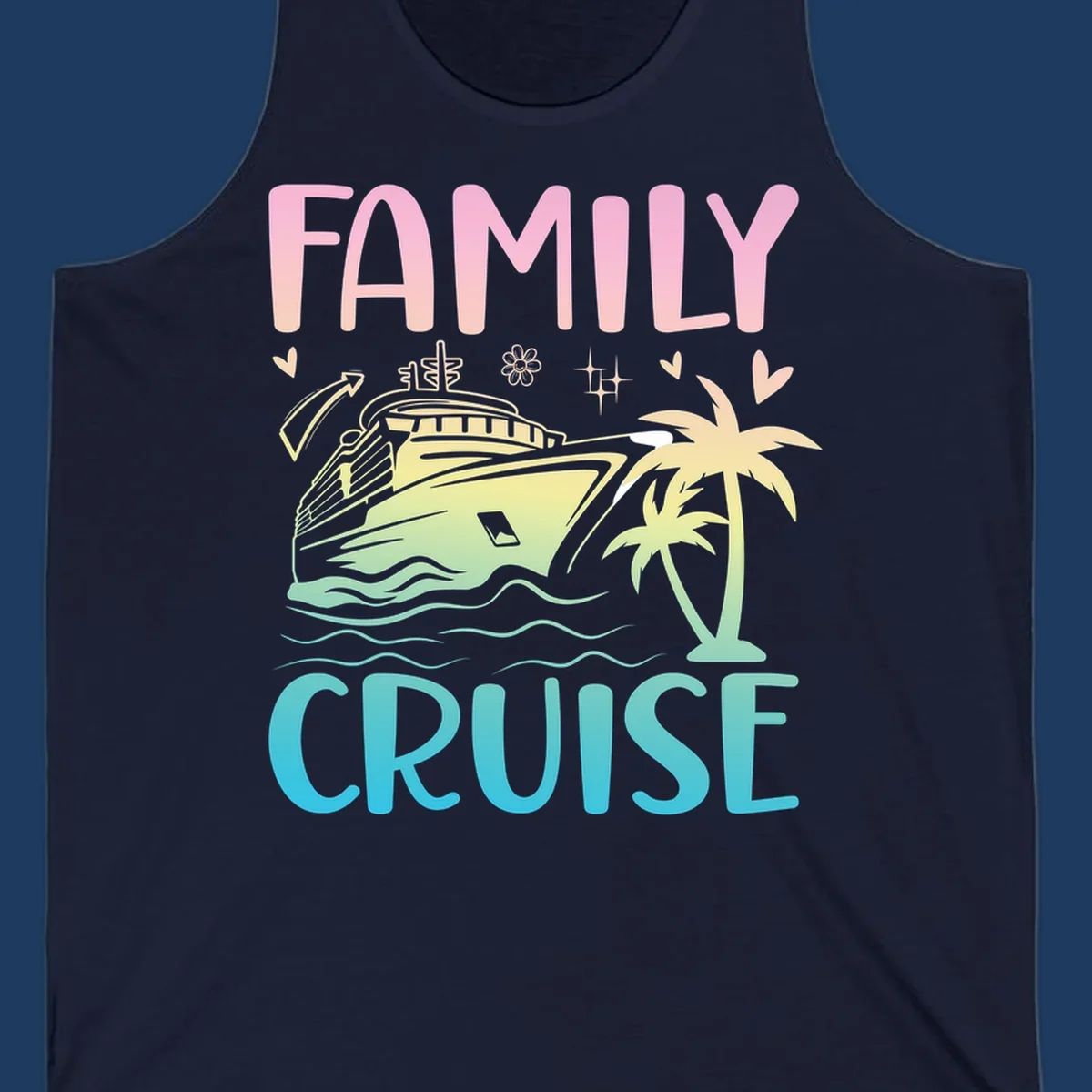 Family cruise vacation design with pink text, illustrated cruise ship, palm trees, ocean waves, and tropical decorative elements on gradient background.