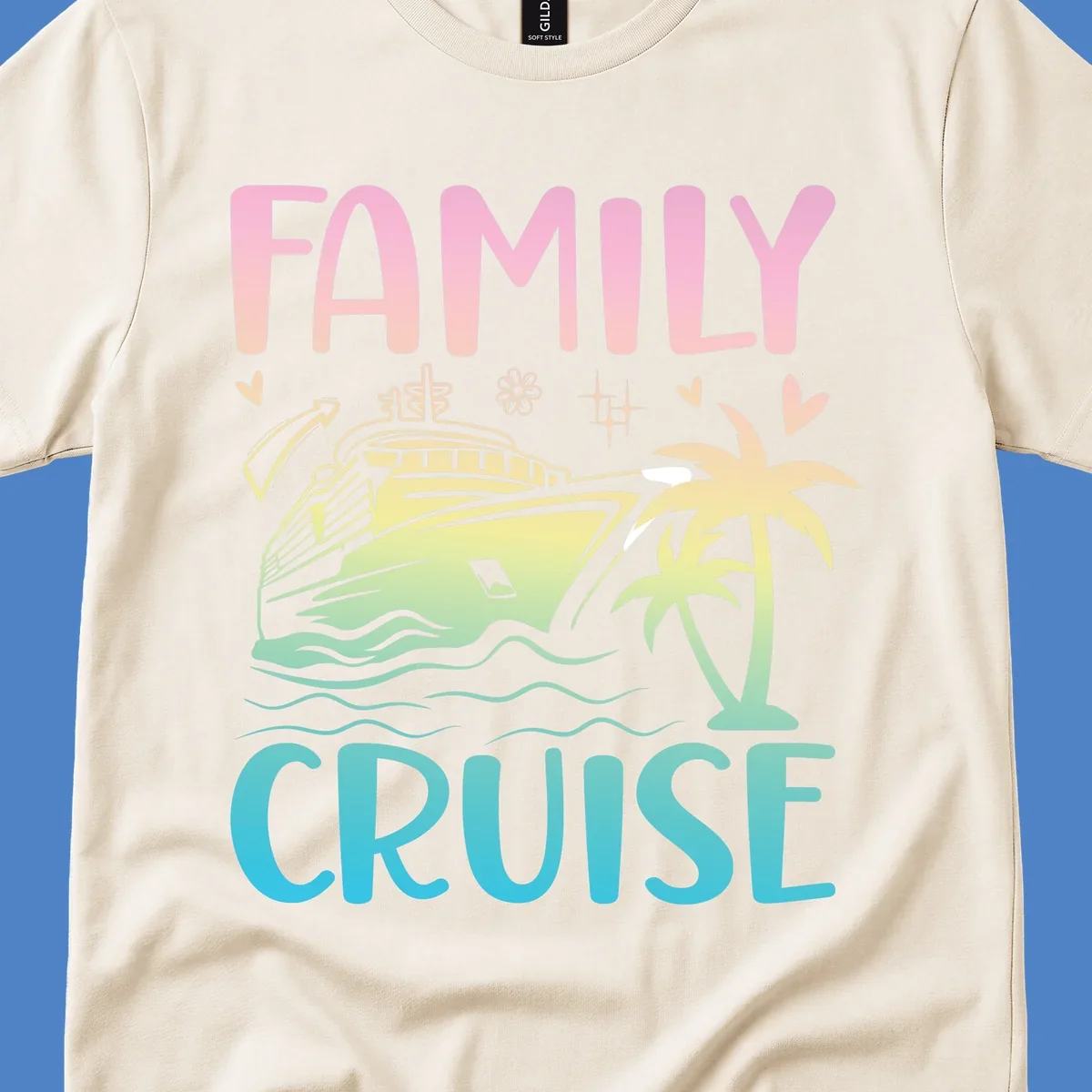 Family cruise vacation design with pink text, illustrated cruise ship, palm trees, ocean waves, and tropical decorative elements on gradient background.