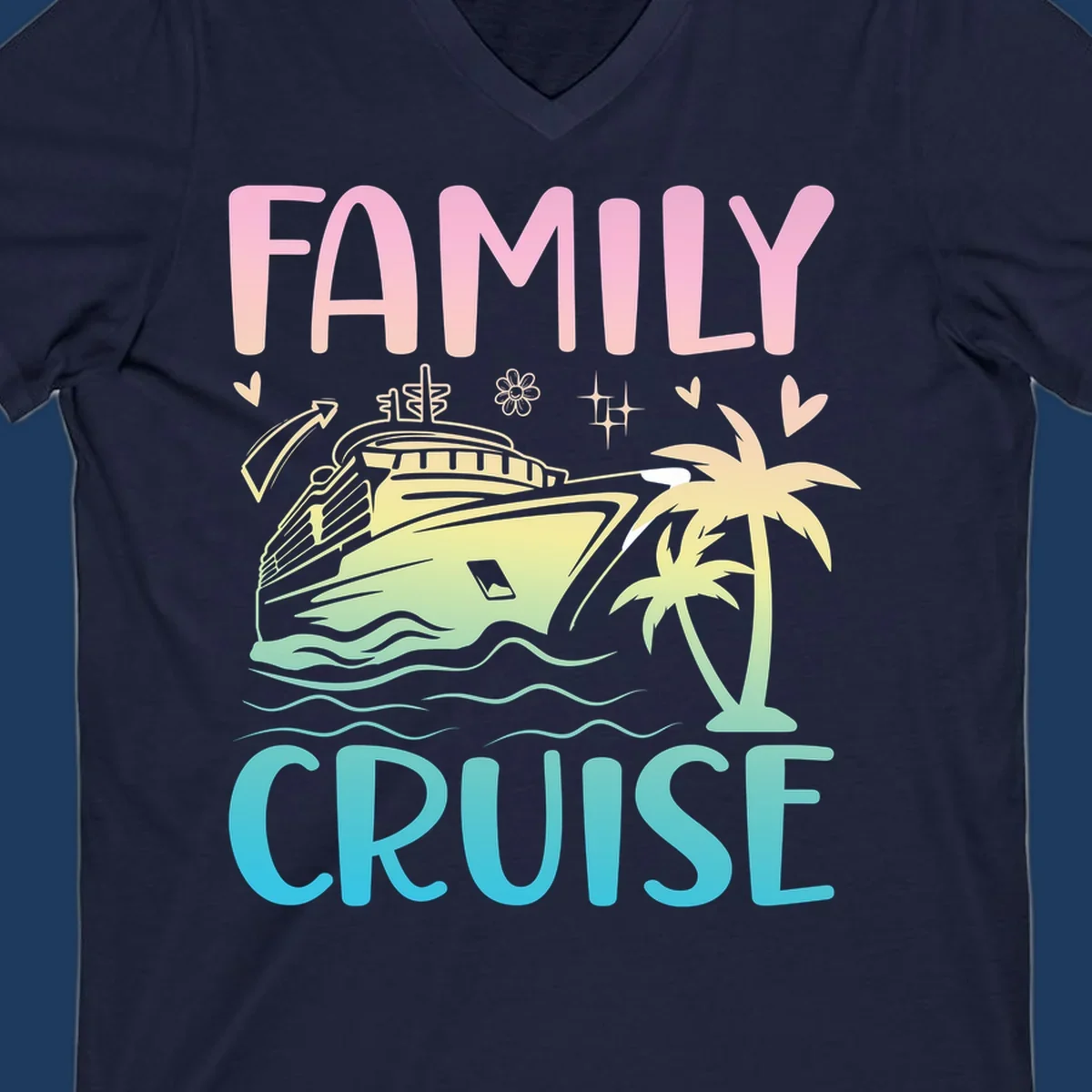 Family cruise vacation design with pink text, illustrated cruise ship, palm trees, ocean waves, and tropical decorative elements on gradient background.