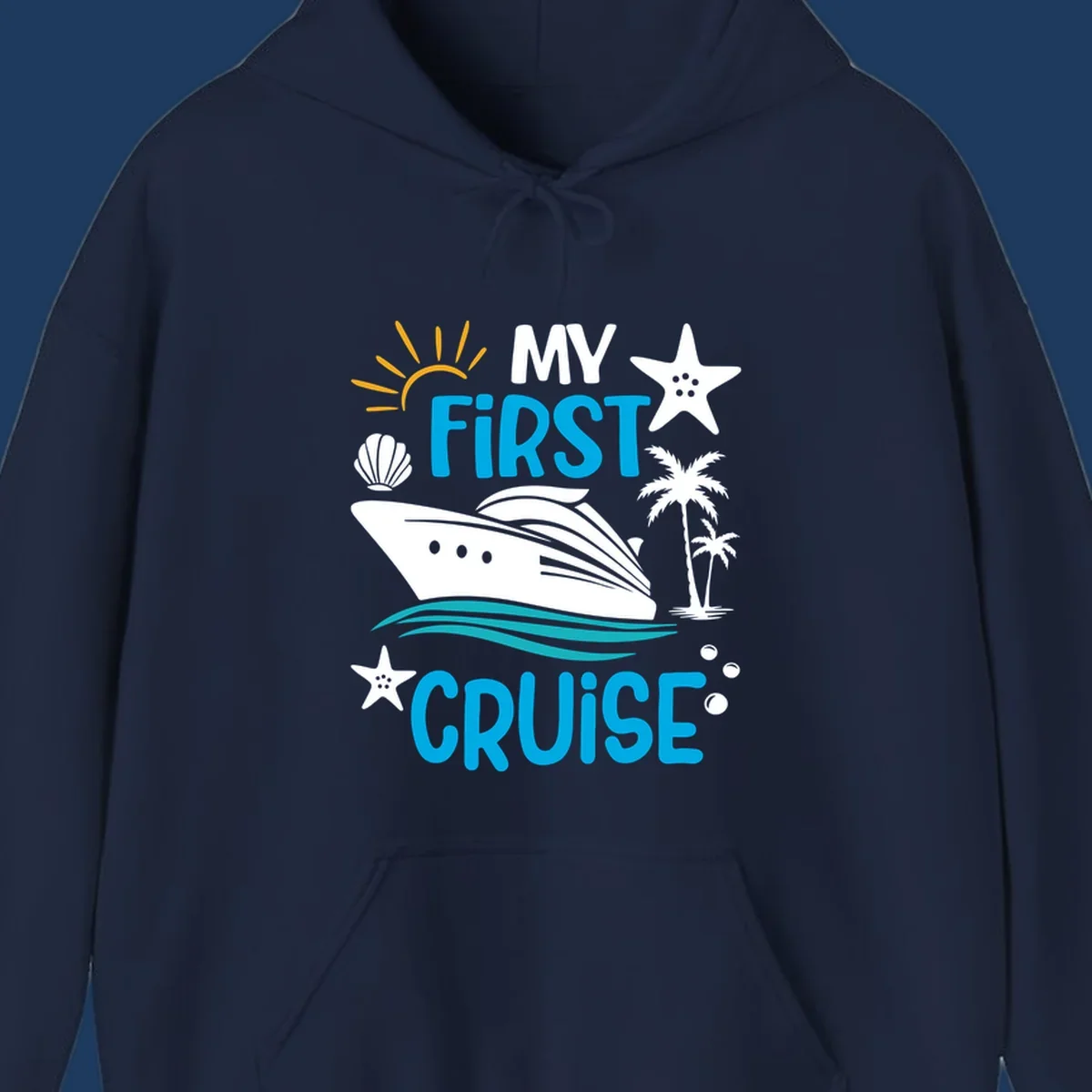 My First Cruise design with cruise ship, palm trees, starfish, and ocean waves on gray background
