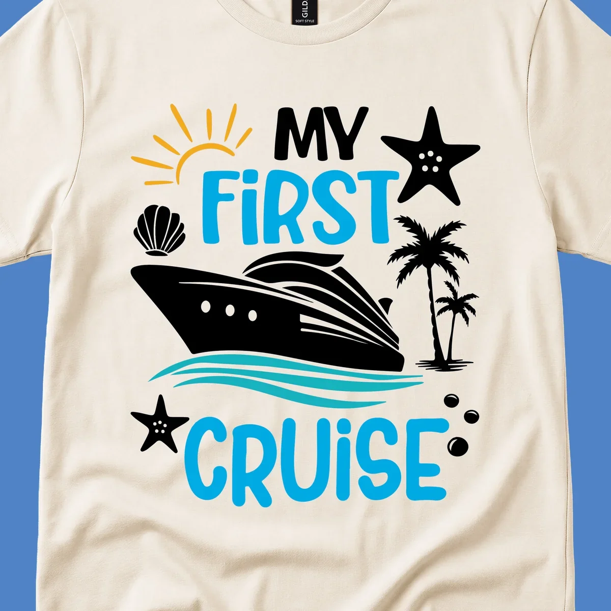 My First Cruise design with cruise ship, palm trees, starfish, and ocean waves on gray background