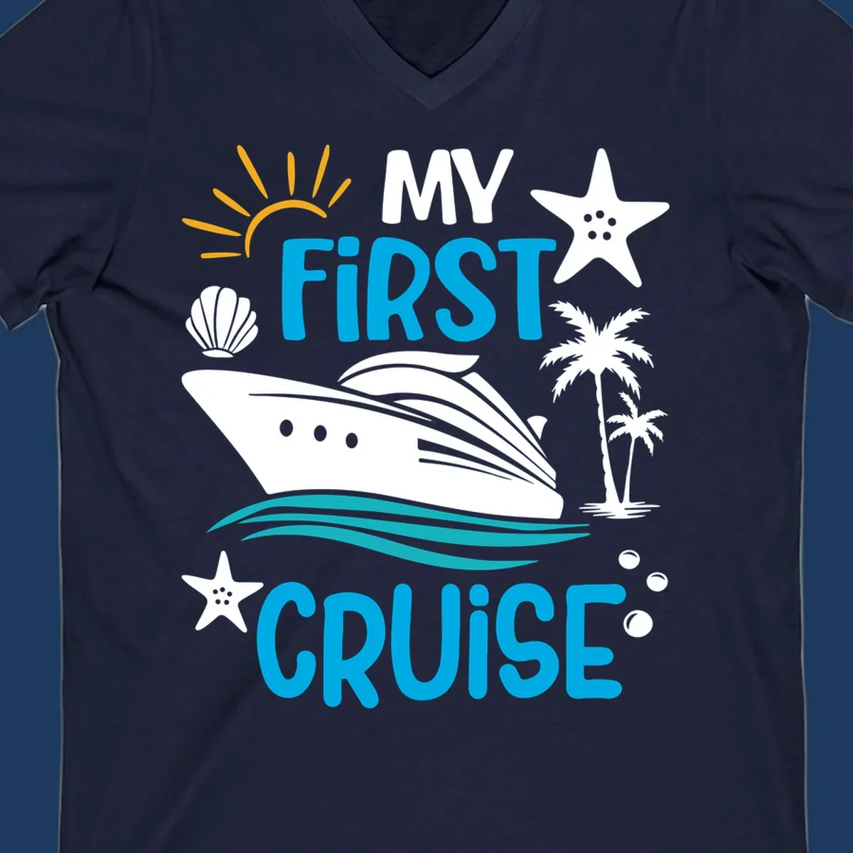 My First Cruise design with cruise ship, palm trees, starfish, and ocean waves on gray background