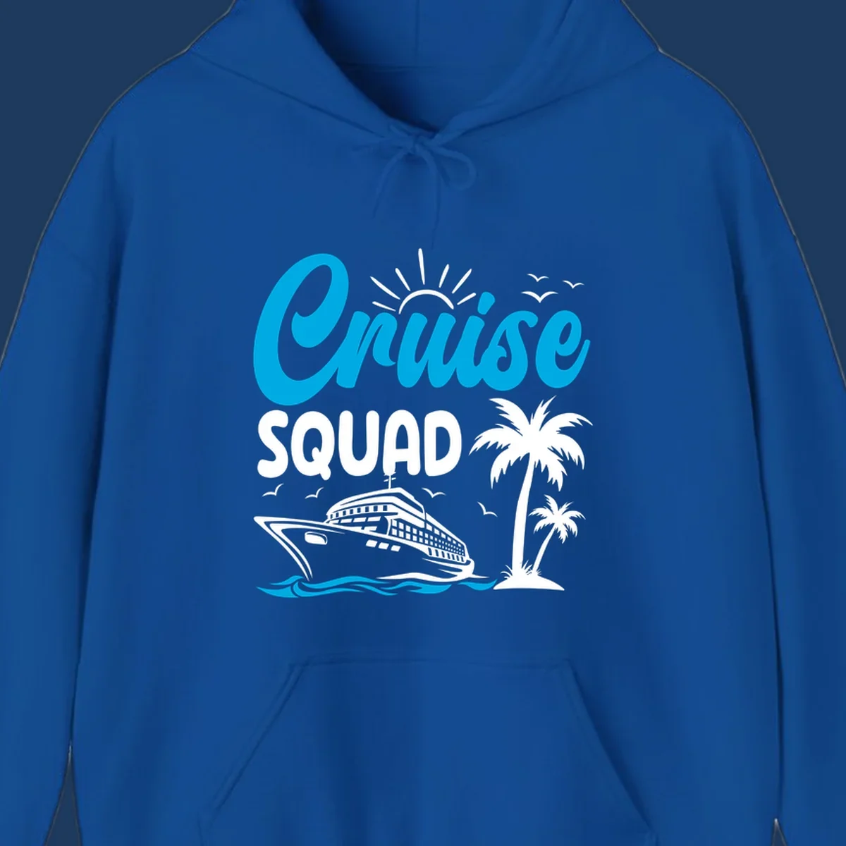Cruise squad design with cyan lettering, cruise ship, palm trees, sun rays, and ocean waves on gray background