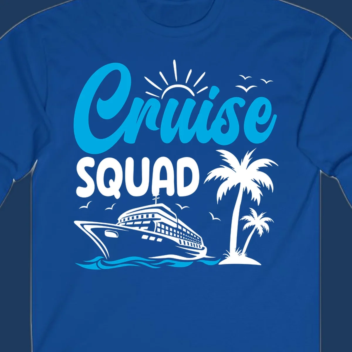 Cruise squad design with cyan lettering, cruise ship, palm trees, sun rays, and ocean waves on gray background