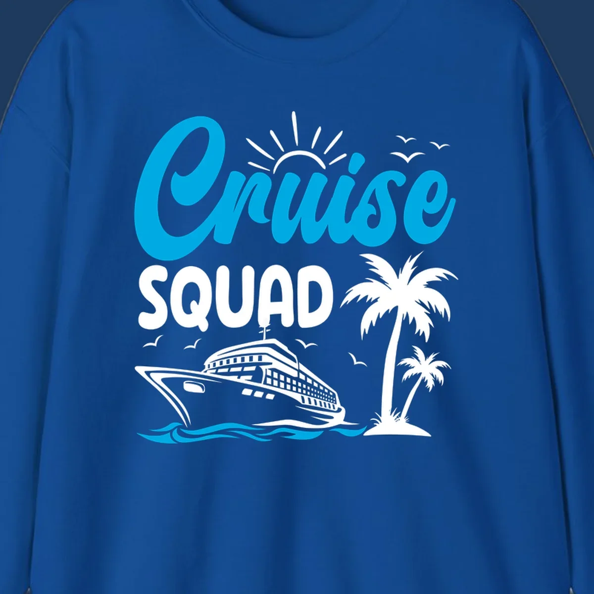 Cruise squad design with cyan lettering, cruise ship, palm trees, sun rays, and ocean waves on gray background