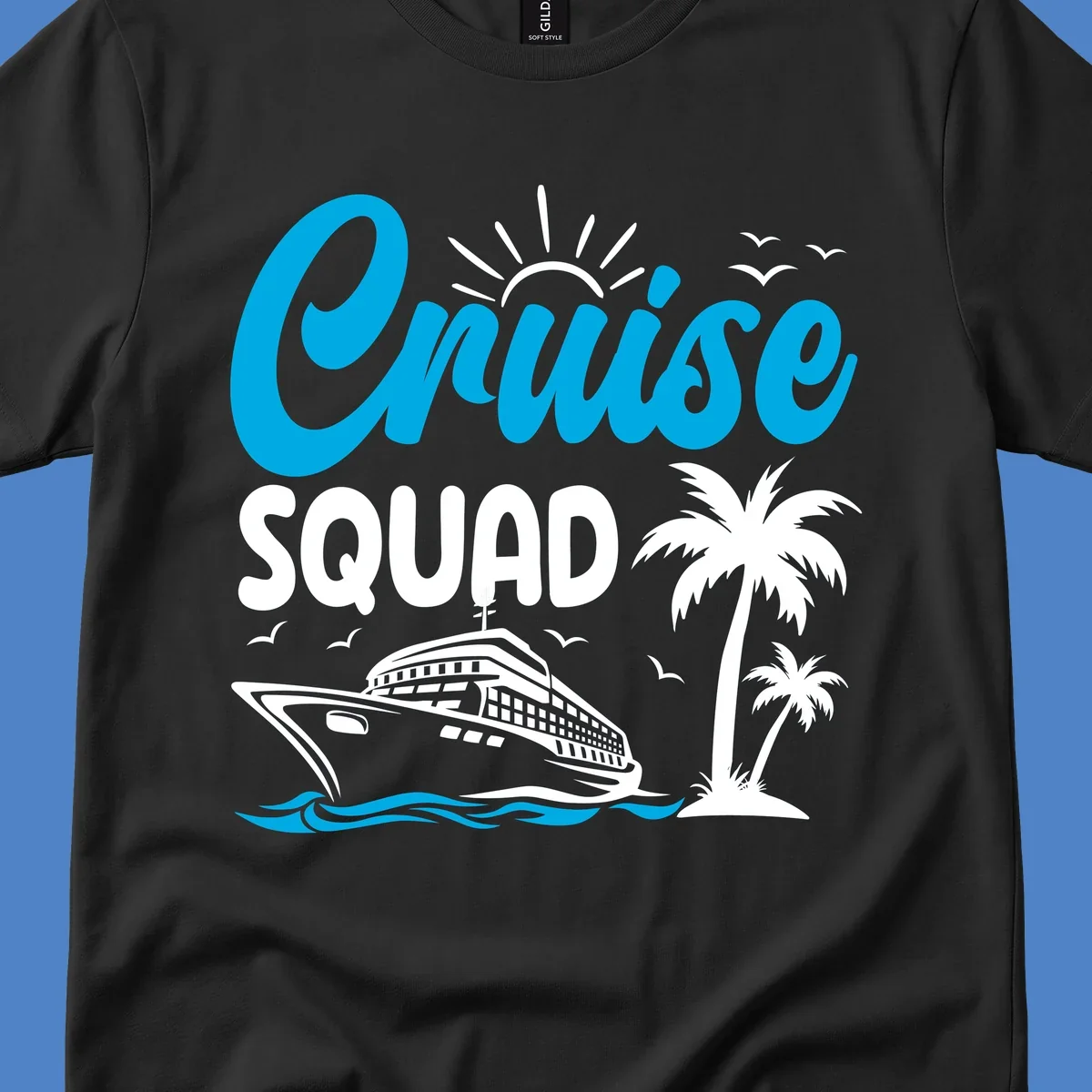 Cruise squad design with cyan lettering, cruise ship, palm trees, sun rays, and ocean waves on gray background