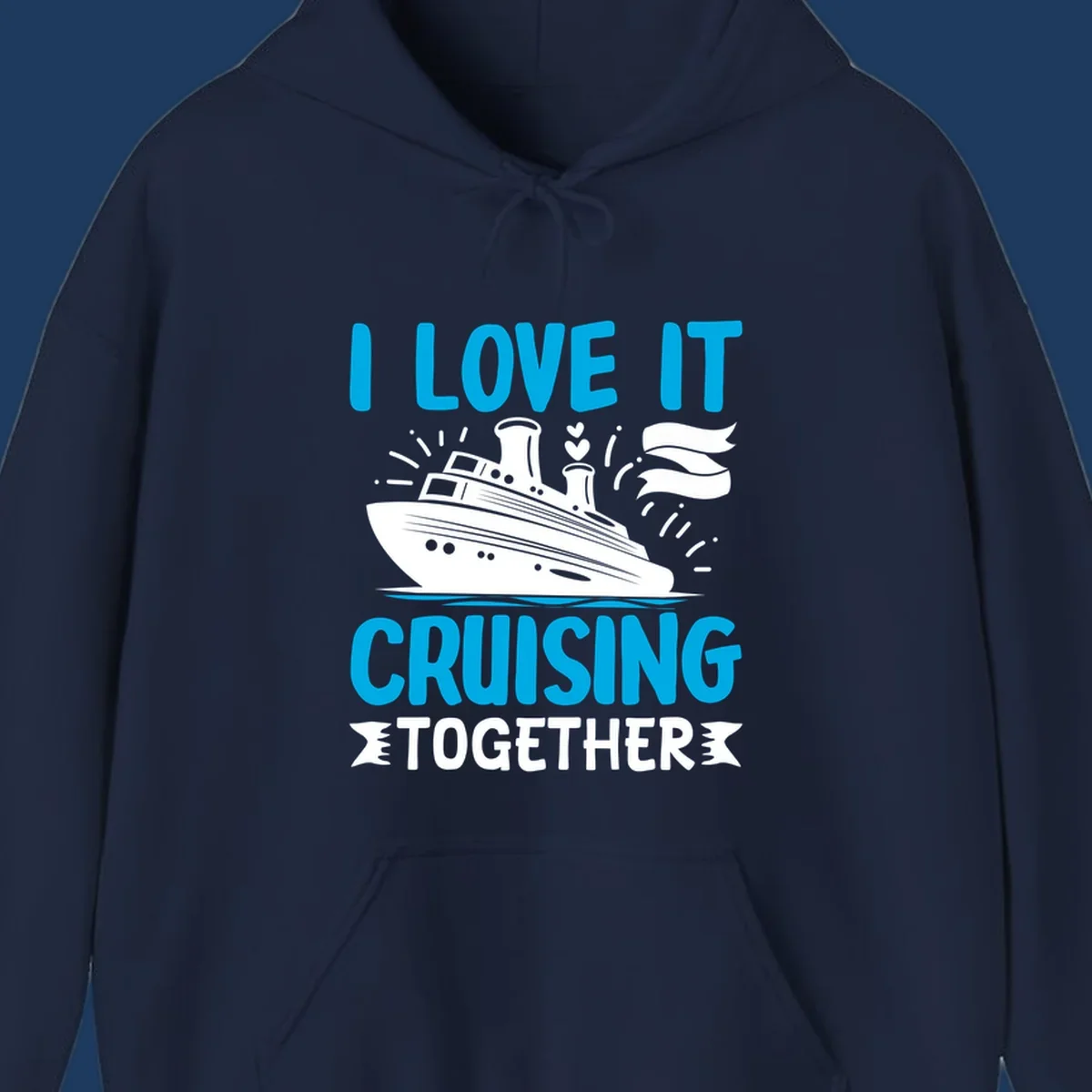 Illustration of a cruise ship with hearts and flags, text reads 'I Love It Cruising Together' in cyan and white on gray background