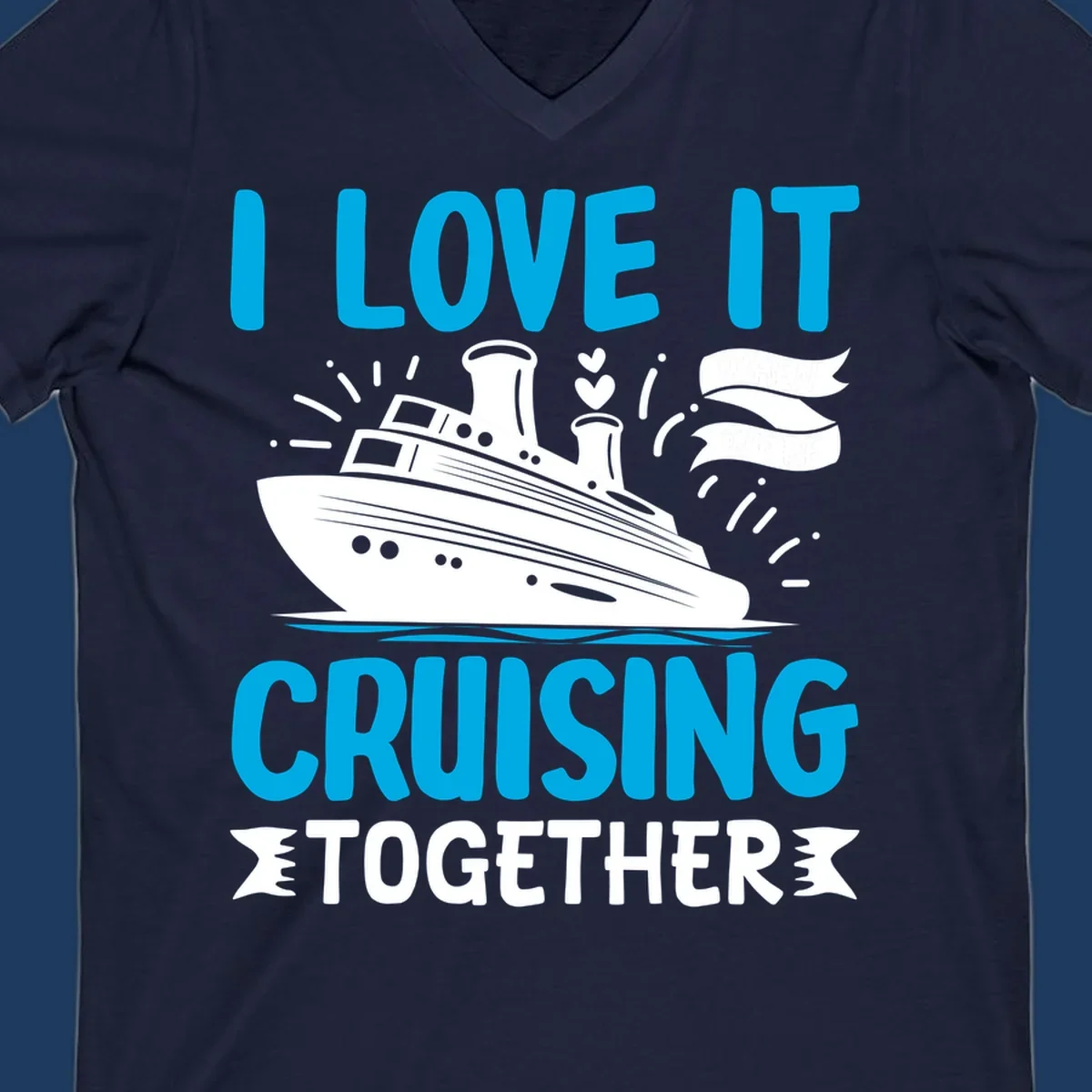 Illustration of a cruise ship with hearts and flags, text reads 'I Love It Cruising Together' in cyan and white on gray background