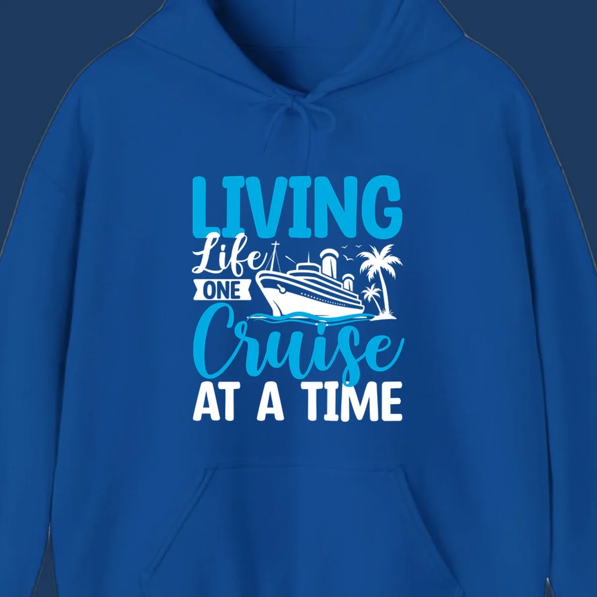 Cruise ship with palm trees and ocean waves design, text reads 'Living Life One Cruise At A Time' in cyan and white