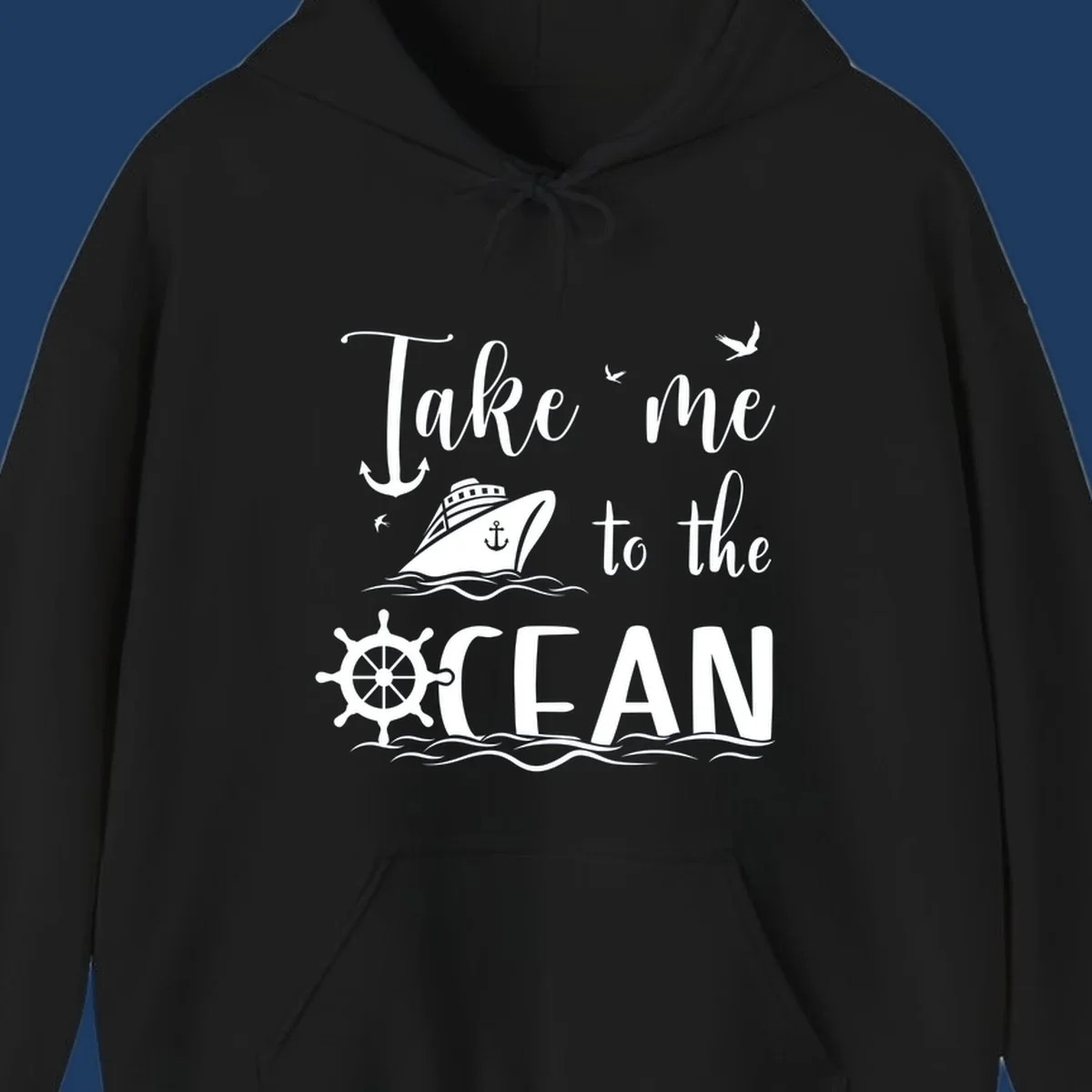 Take me to the ocean nautical design with cruise ship, anchor, ship wheel, and seagulls on gray background