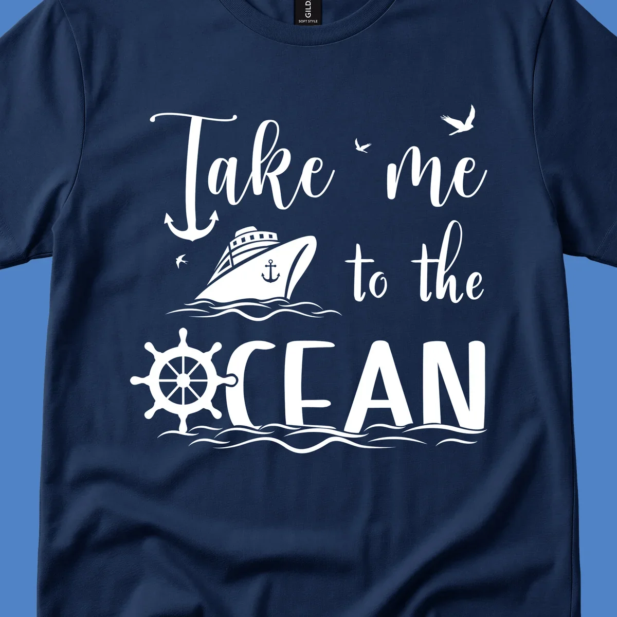 Take me to the ocean nautical design with cruise ship, anchor, ship wheel, and seagulls on gray background