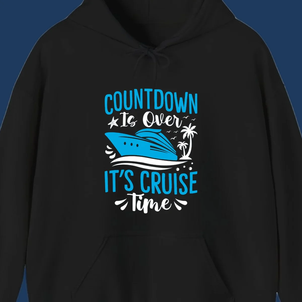 Countdown is over it's cruise time design with blue cruise ship, tropical palm trees, and ocean waves on gray background