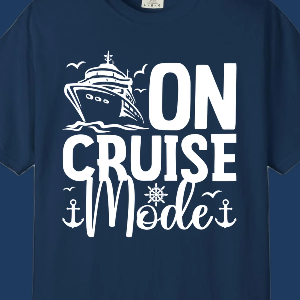 On cruise mode design featuring large text with cruise ship, waves, anchors, wheel, and seagulls in white nautical illustration