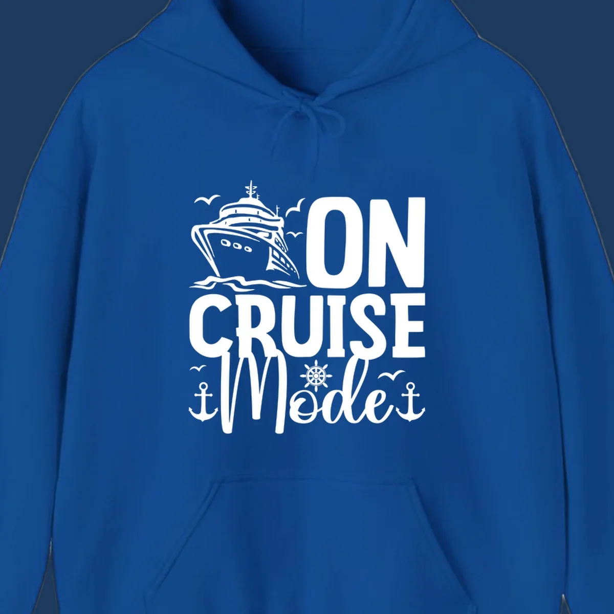 On cruise mode design featuring large text with cruise ship, waves, anchors, wheel, and seagulls in white nautical illustration