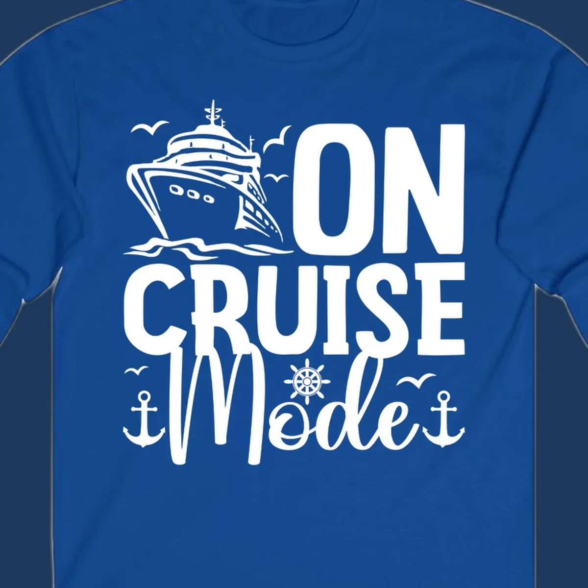 On cruise mode design featuring large text with cruise ship, waves, anchors, wheel, and seagulls in white nautical illustration