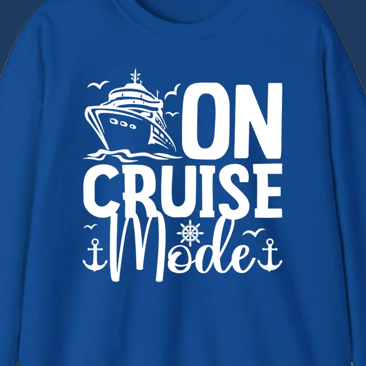 On cruise mode design featuring large text with cruise ship, waves, anchors, wheel, and seagulls in white nautical illustration