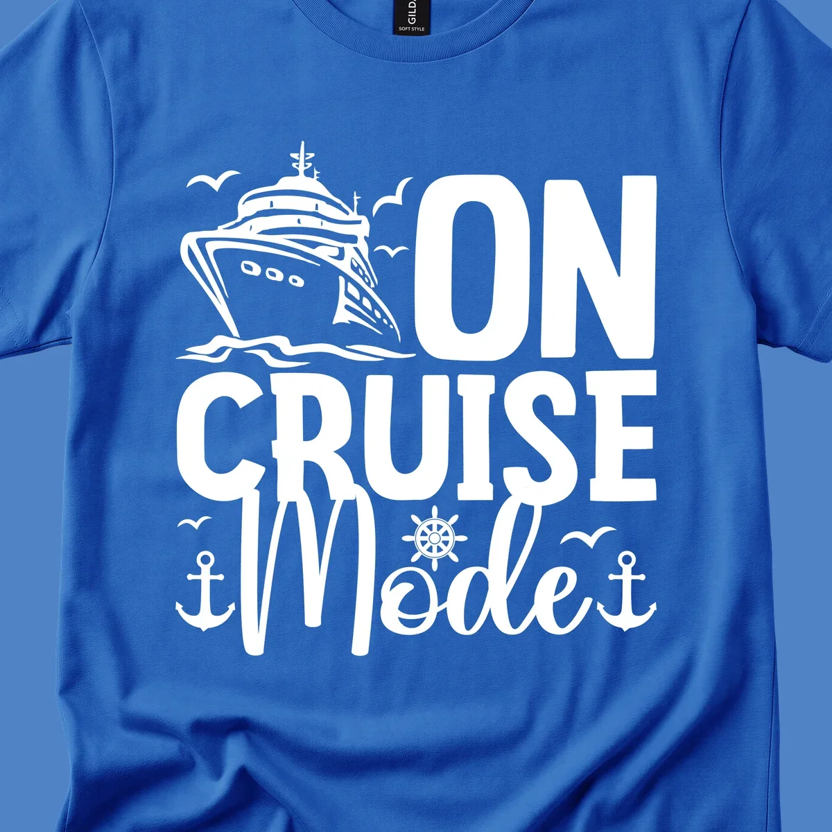 On cruise mode design featuring large text with cruise ship, waves, anchors, wheel, and seagulls in white nautical illustration