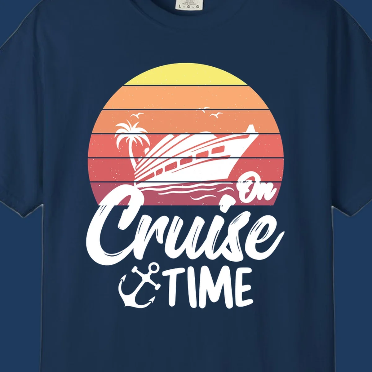 Retro cruise time sunset illustration with gradient stripes, ship, palm tree, seagulls, and anchor icon