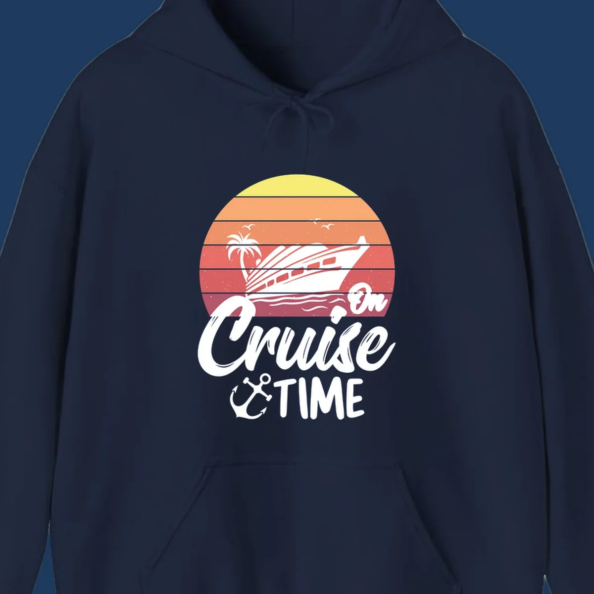 Retro cruise time sunset illustration with gradient stripes, ship, palm tree, seagulls, and anchor icon