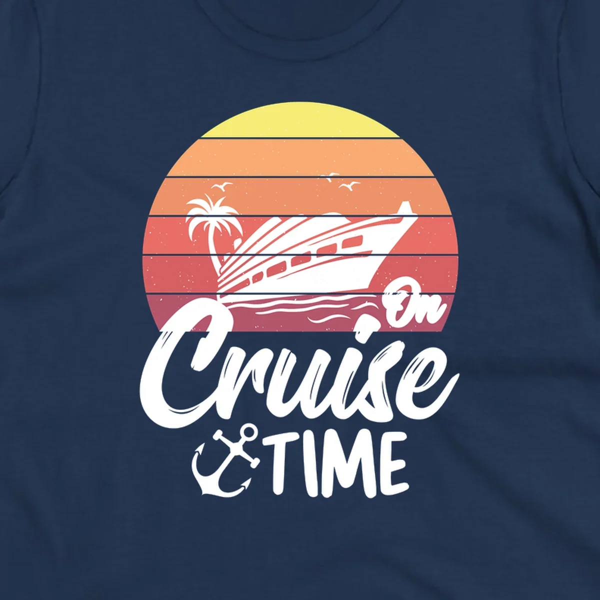 Retro cruise time sunset illustration with gradient stripes, ship, palm tree, seagulls, and anchor icon