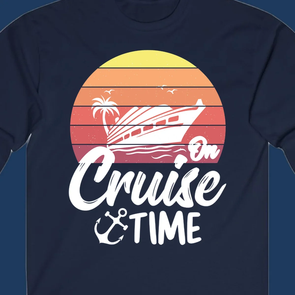Retro cruise time sunset illustration with gradient stripes, ship, palm tree, seagulls, and anchor icon