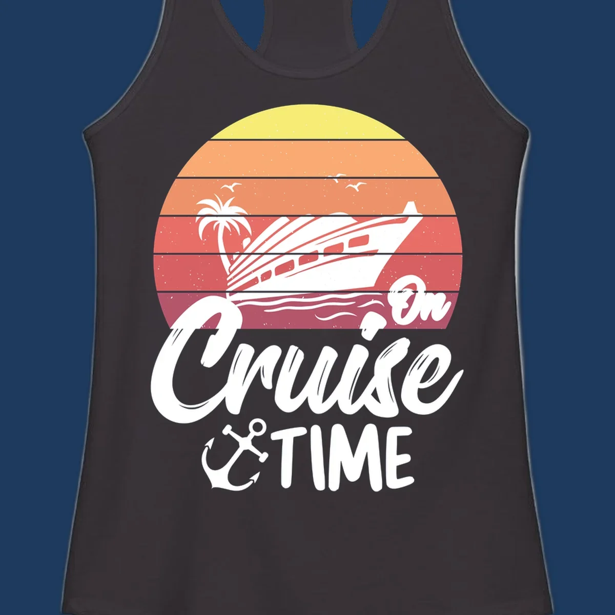 Retro cruise time sunset illustration with gradient stripes, ship, palm tree, seagulls, and anchor icon