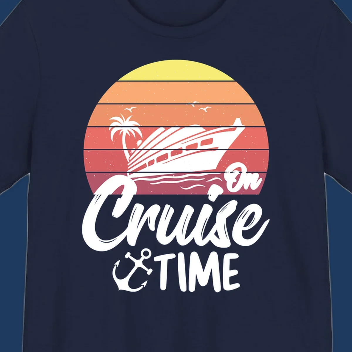 Retro cruise time sunset illustration with gradient stripes, ship, palm tree, seagulls, and anchor icon