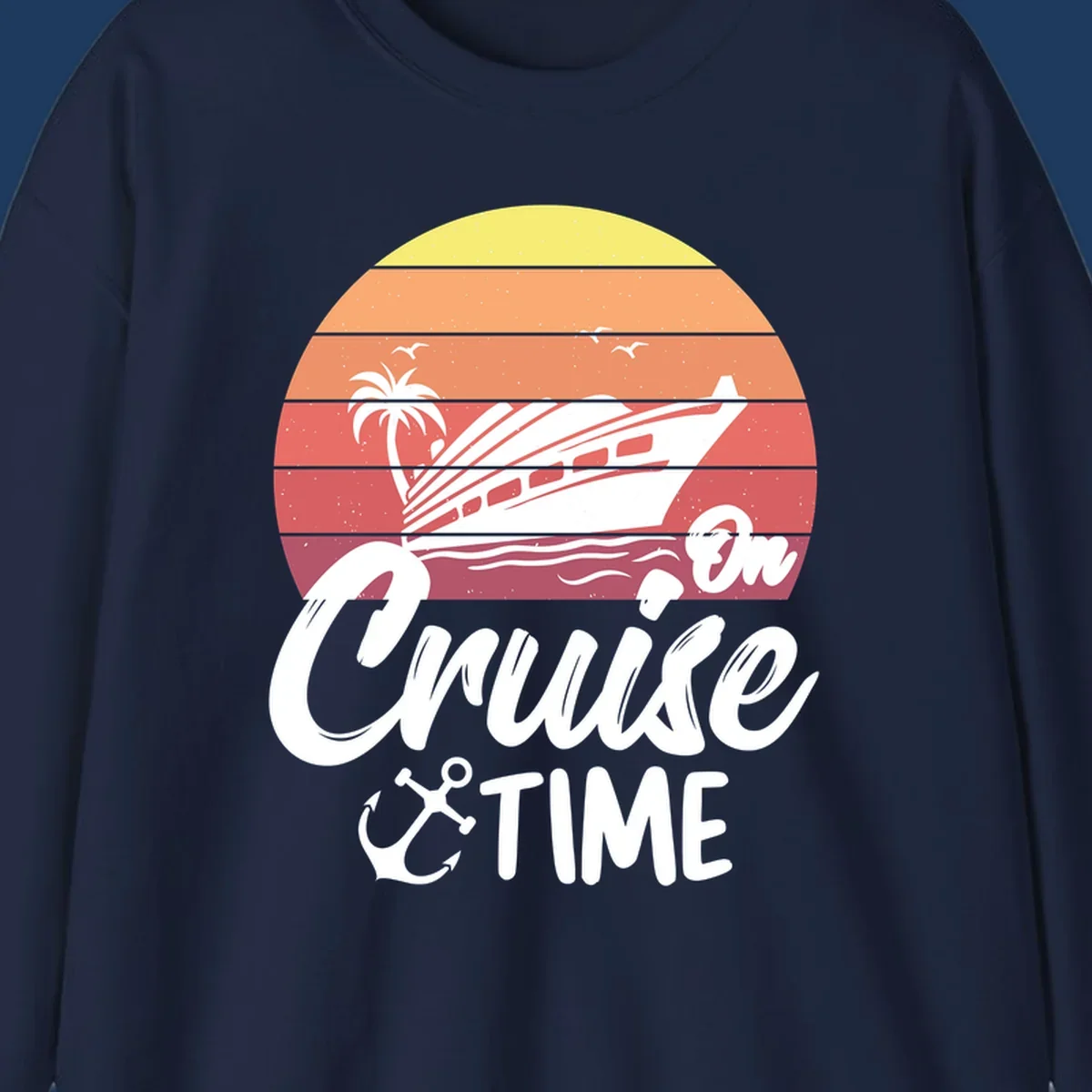 Retro cruise time sunset illustration with gradient stripes, ship, palm tree, seagulls, and anchor icon