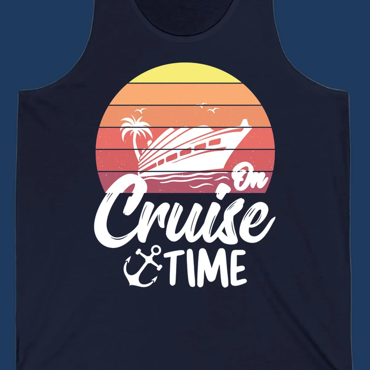 Retro cruise time sunset illustration with gradient stripes, ship, palm tree, seagulls, and anchor icon