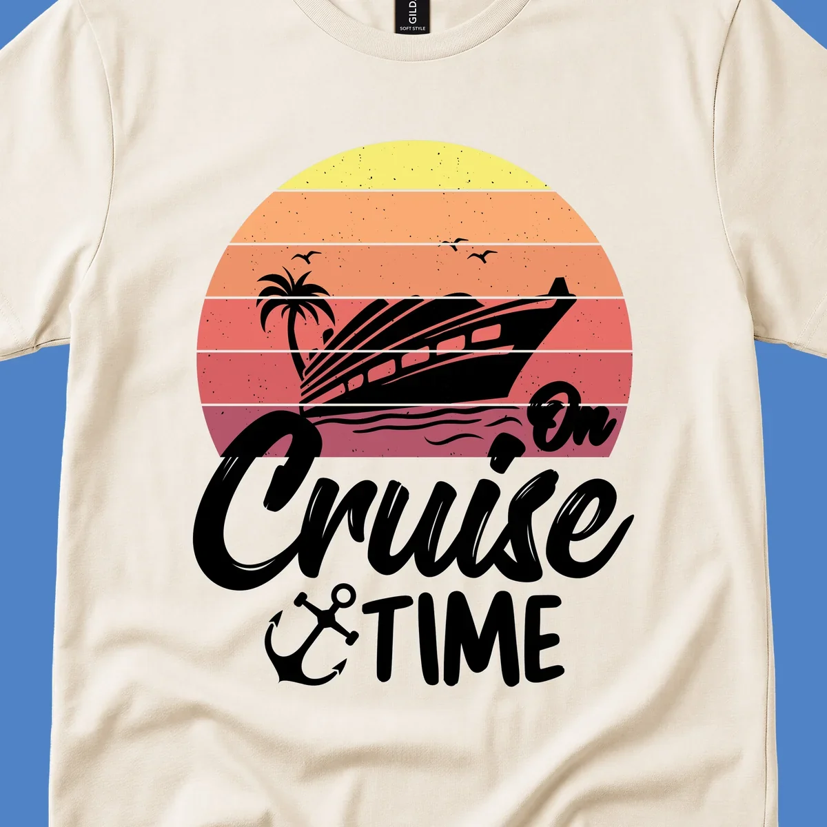 Retro cruise time sunset illustration with gradient stripes, ship, palm tree, seagulls, and anchor icon