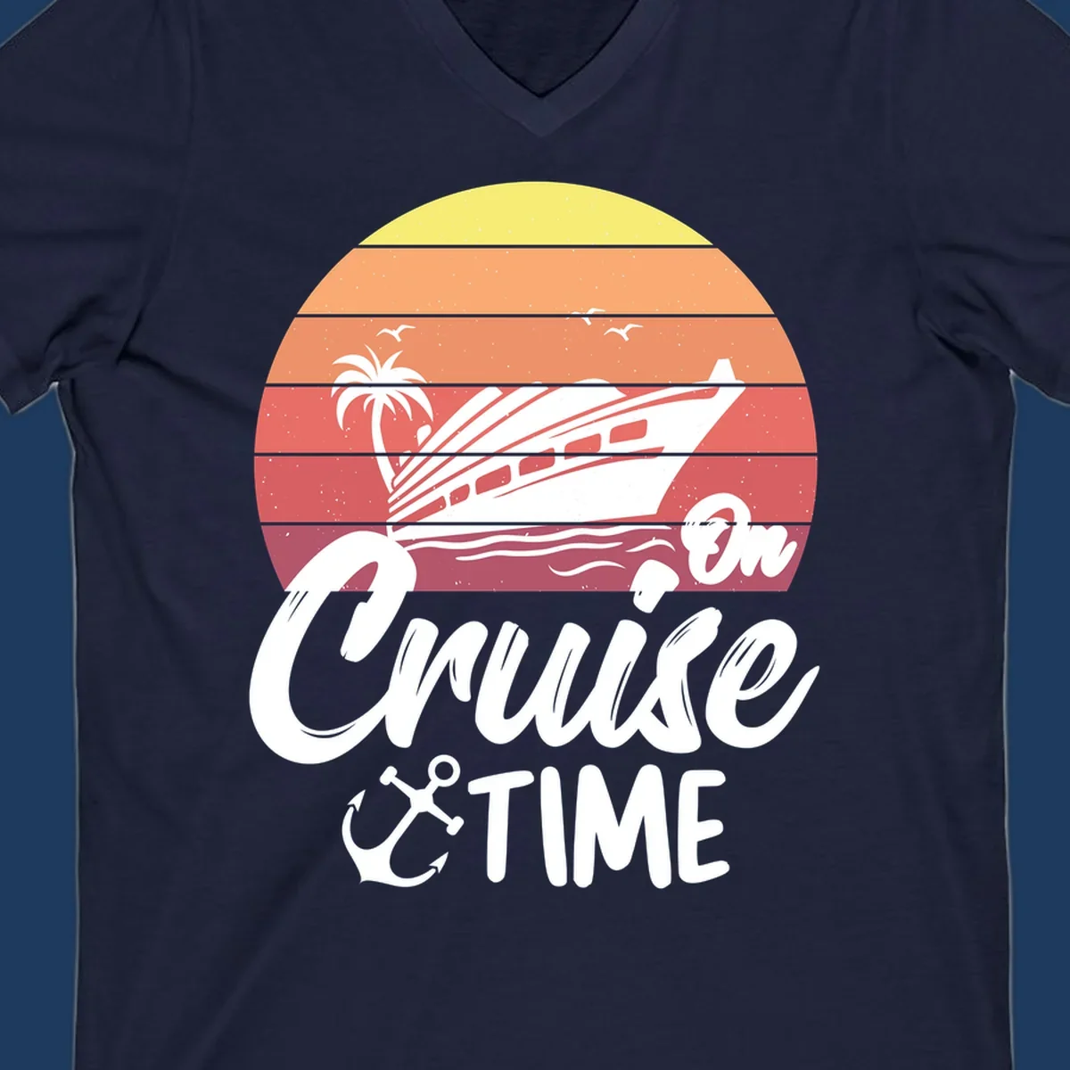 Retro cruise time sunset illustration with gradient stripes, ship, palm tree, seagulls, and anchor icon
