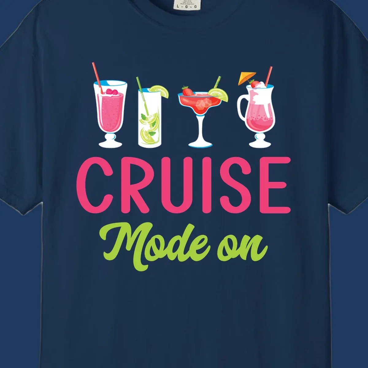 Cruise mode on design featuring four colorful tropical cocktails with pink, red, and lime drinks, bold magenta and lime text on gray background