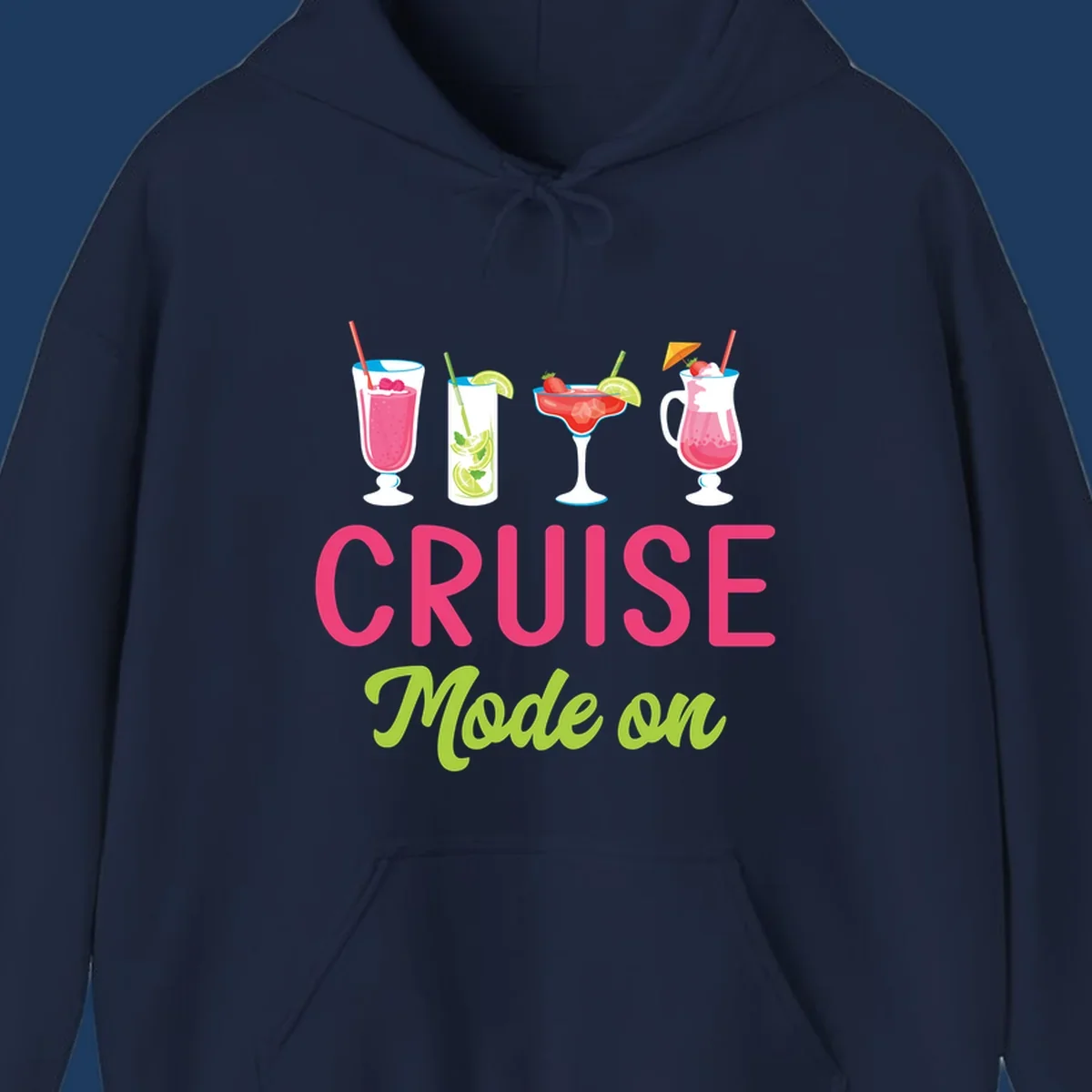 Cruise mode on design featuring four colorful tropical cocktails with pink, red, and lime drinks, bold magenta and lime text on gray background