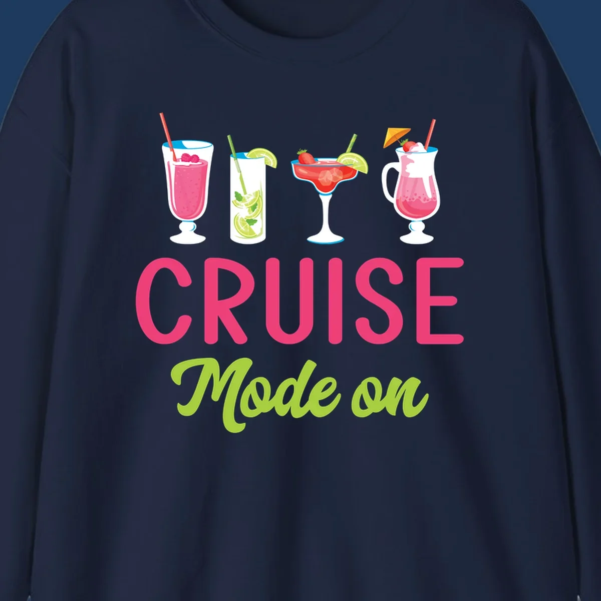 Cruise mode on design featuring four colorful tropical cocktails with pink, red, and lime drinks, bold magenta and lime text on gray background