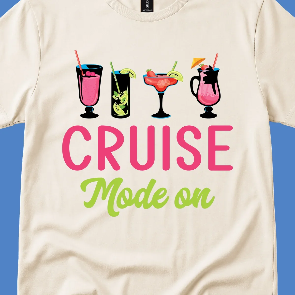 Cruise mode on design featuring four colorful tropical cocktails with pink, red, and lime drinks, bold magenta and lime text on gray background