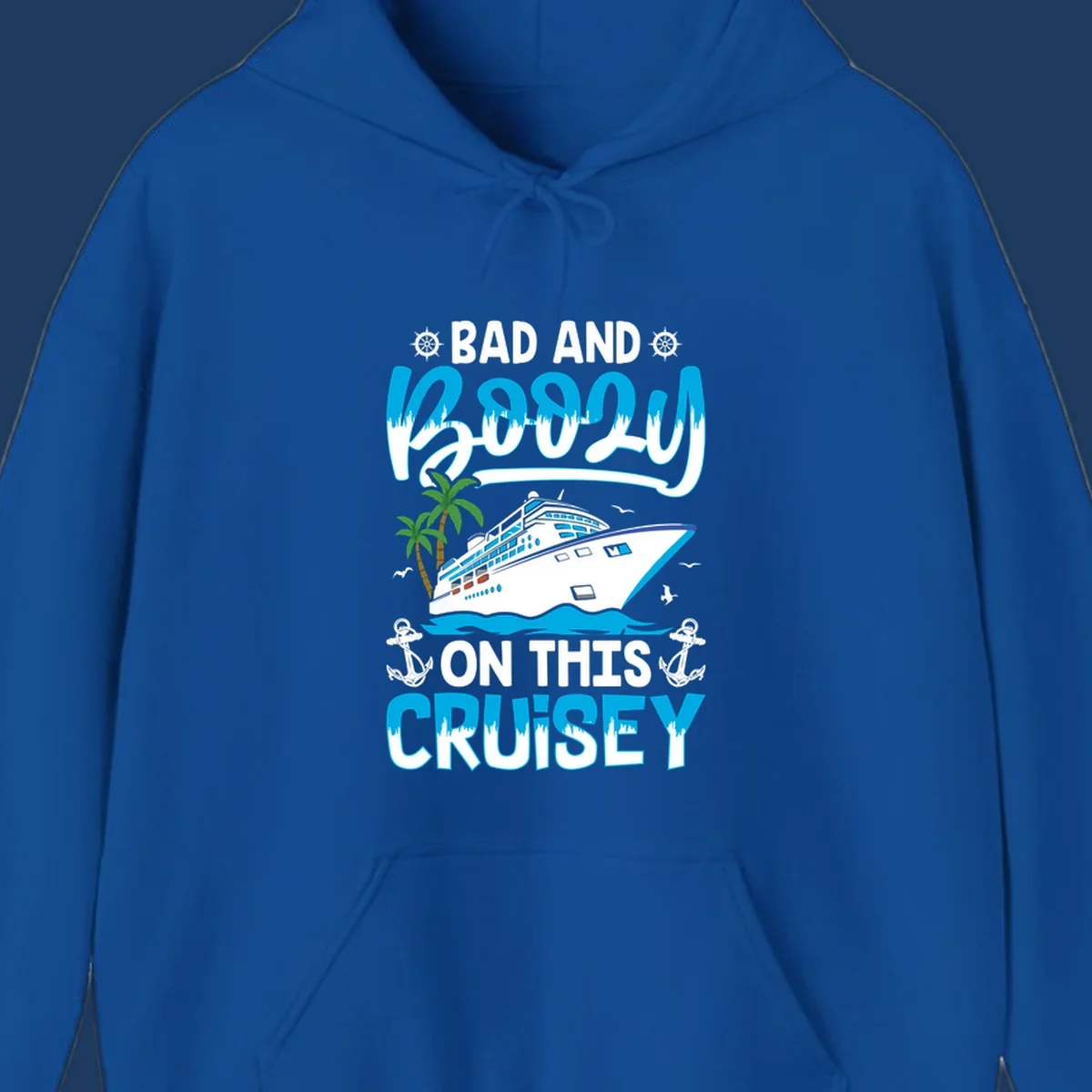 Bad and saucy on this cruise design with cruise ship, palm trees, anchors, and nautical elements
