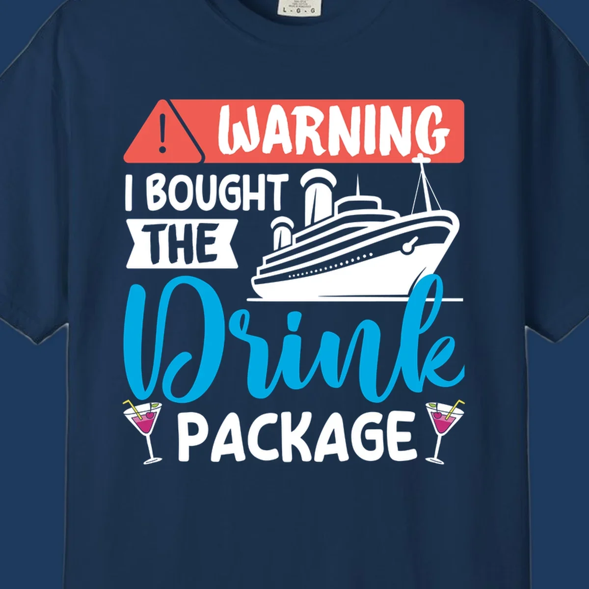 Humorous cruise drink package warning design with ship and cocktails on gray background