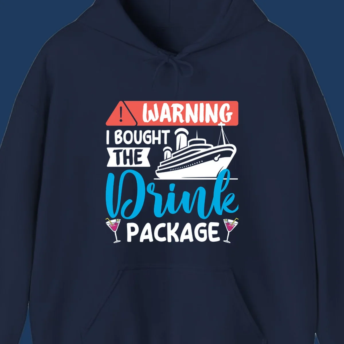 Humorous cruise drink package warning design with ship and cocktails on gray background