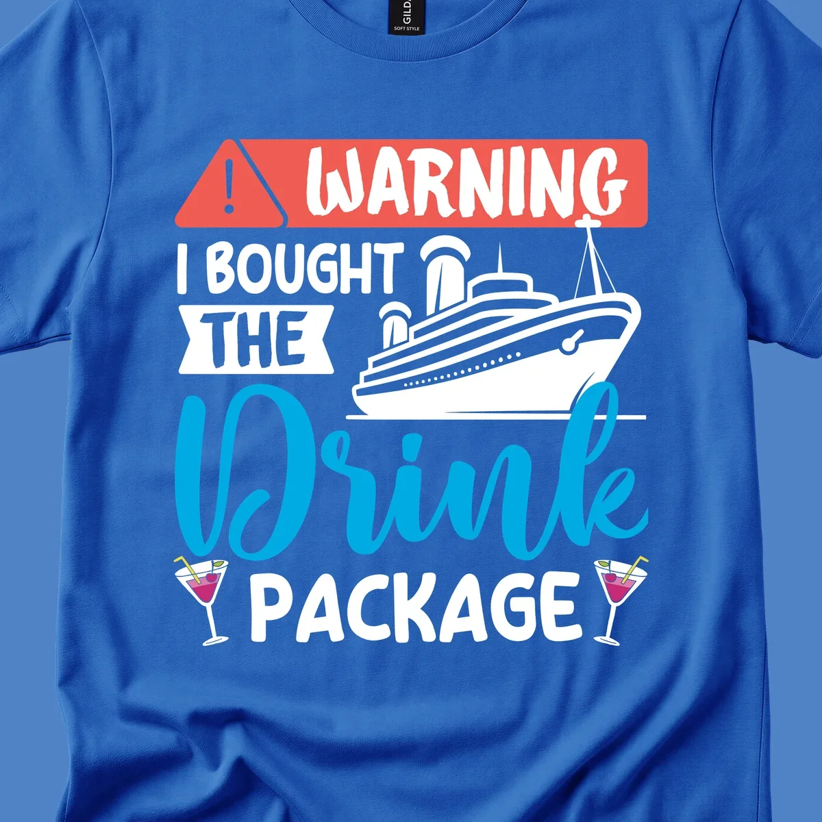 Humorous cruise drink package warning design with ship and cocktails on gray background
