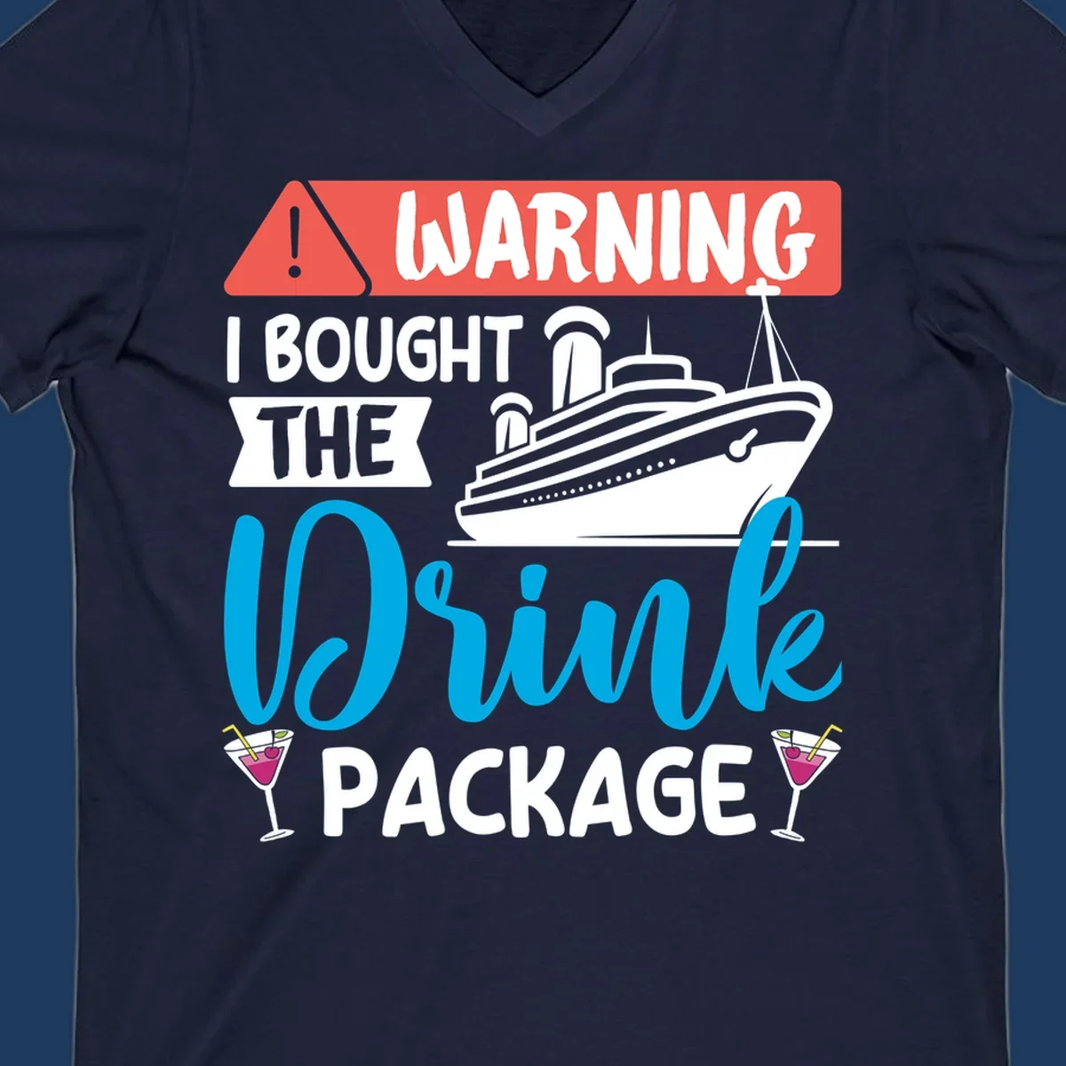Humorous cruise drink package warning design with ship and cocktails on gray background