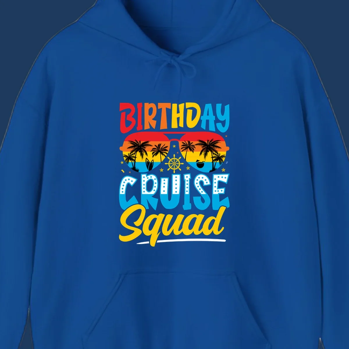 Birthday Cruise Squad design with tropical sunglasses, palm trees, ship wheel, and colorful sunset gradient on gray background