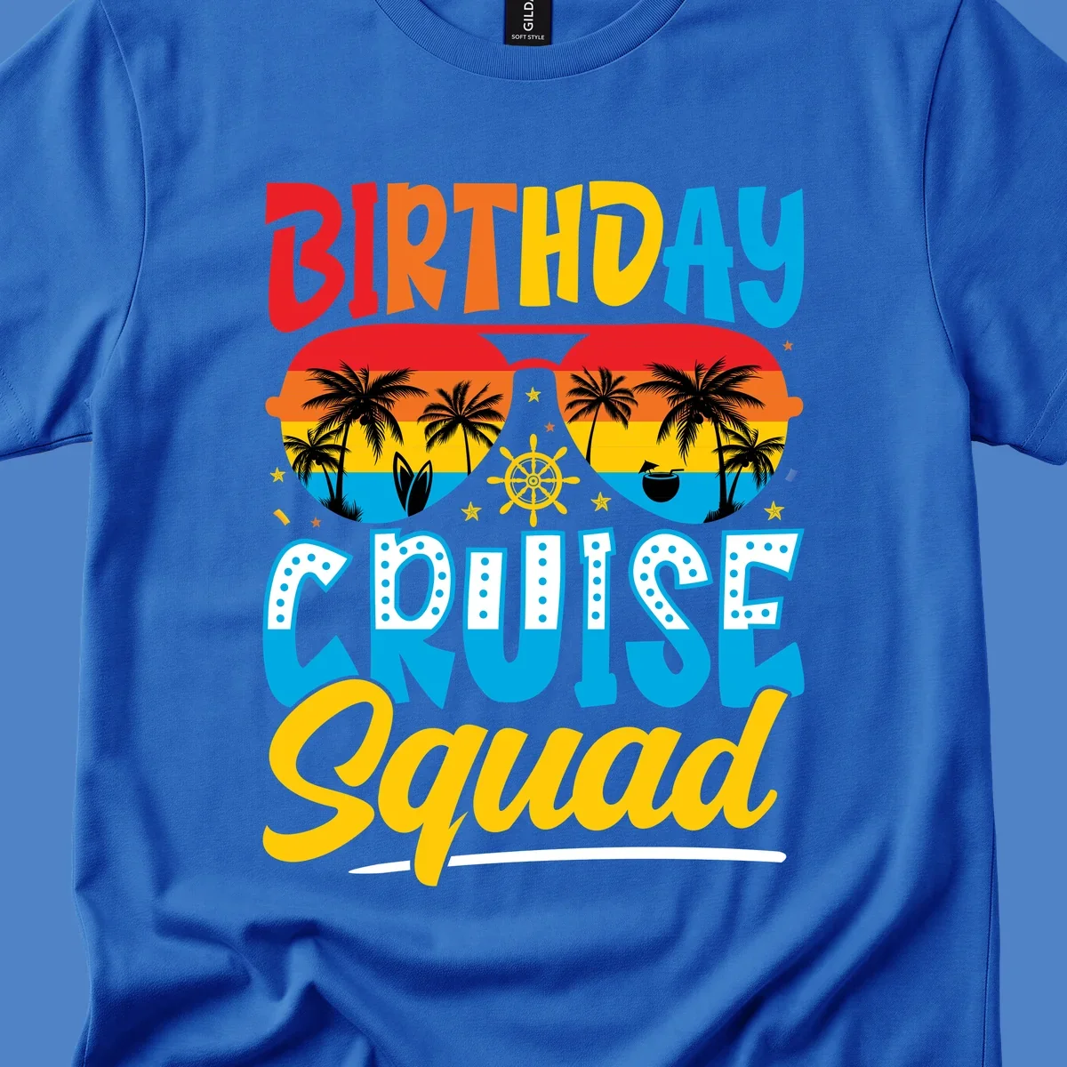 Birthday Cruise Squad design with tropical sunglasses, palm trees, ship wheel, and colorful sunset gradient on gray background