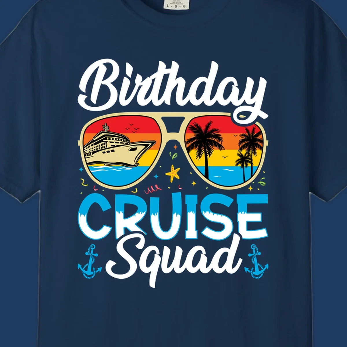 Birthday Cruise Squad design featuring fun sunglasses with cruise ship and palm tree scenes, confetti, and nautical elements