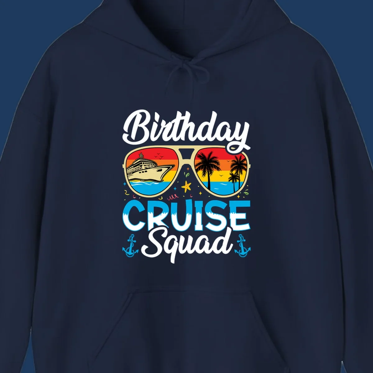 Birthday Cruise Squad design featuring fun sunglasses with cruise ship and palm tree scenes, confetti, and nautical elements